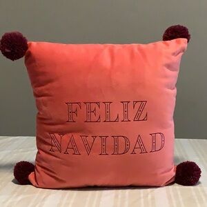 Feliz Navidad Red Pillow with Pom Poms
